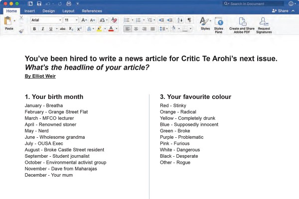 You’ve been hired to write a news article for Critic Te Arohi’s next issue. 